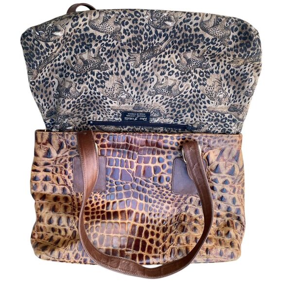 Due Fratelli 2 Strap Brown Leather Tote Shoulder Bag Crocodile Embossed mob wife - Picture 9 of 16